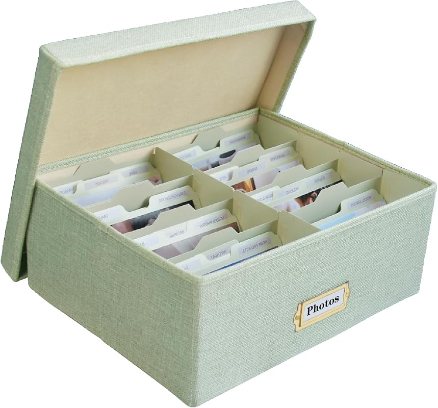 Linen Photo Storage Box with Lid, Dividers and Labels, Holds 1700 Photos