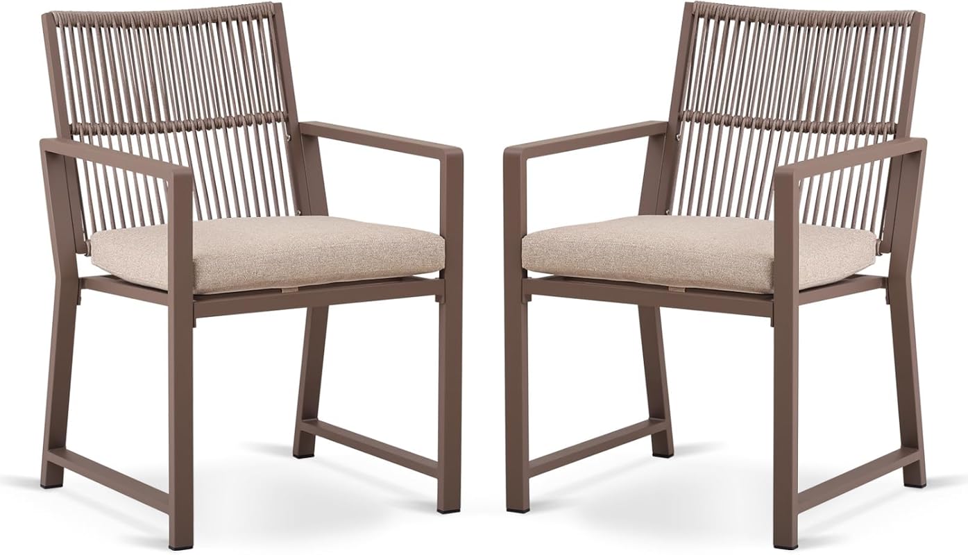 Set of 2 aluminum patio dining chairs with wicker rattan design and cushions