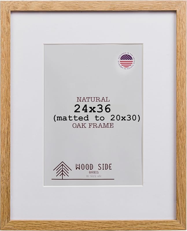 Oak Wood 24x36 picture frame with mat for 20x30 posters and wall display