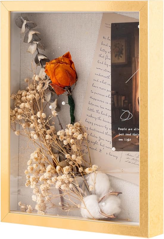 Muzilife 11x14 Shadow Box Frame with Linen Backing, Deep Wood, Glass Display, Gold