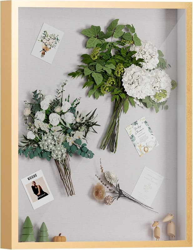 Muzilife 16x20 Shadow Box Frame with Linen Backing, MDF Wood, Glass Display, Gold