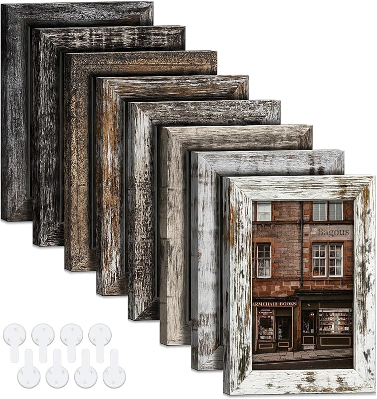 Vintage Rustic Farmhouse 4x6 Picture Frames Set of 8 with Real Glass