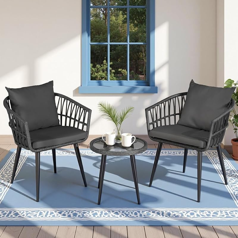 Gardeon 3 piece outdoor bistro set with cushion and glass coffee table