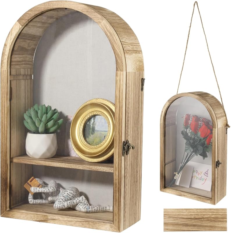 Wooden Arch Shadow Box Display Case, 16.3 x 9.84 in, Wall or Tabletop