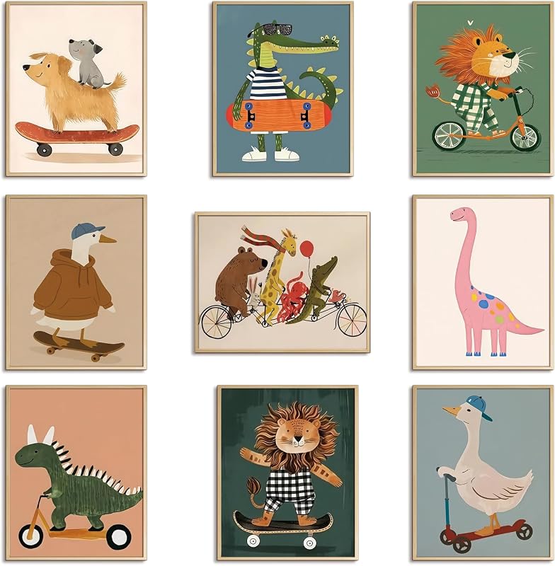SAMHOU Kids Room Wall Art Set of 9, Cute Cartoon Animal Canvas Prints 