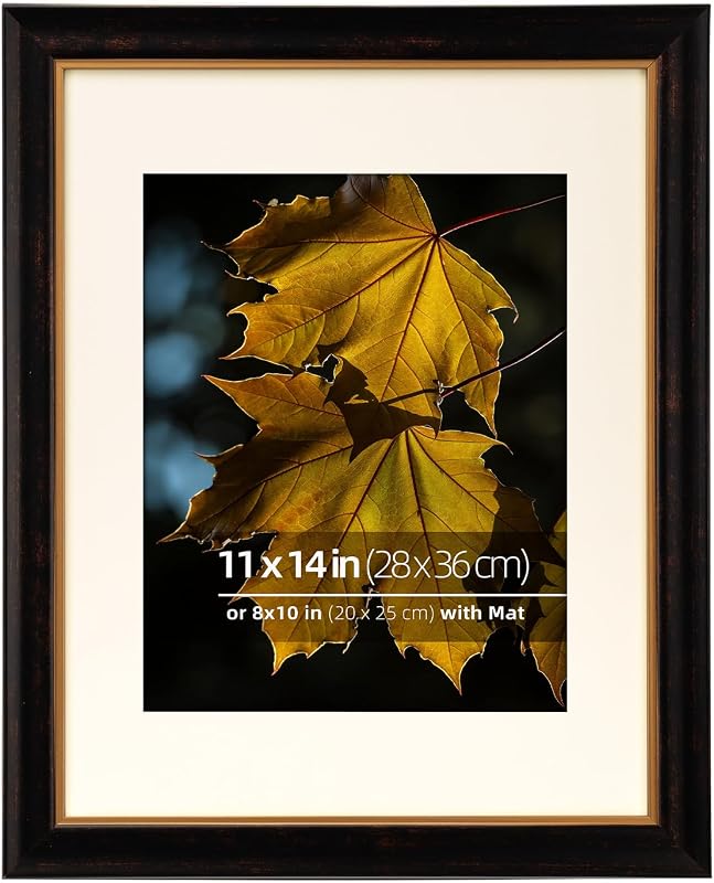 11x14 Wood Brown Gold Vintage Picture Frame with Cream Mat, Real Glass, Wall or Tabletop Display