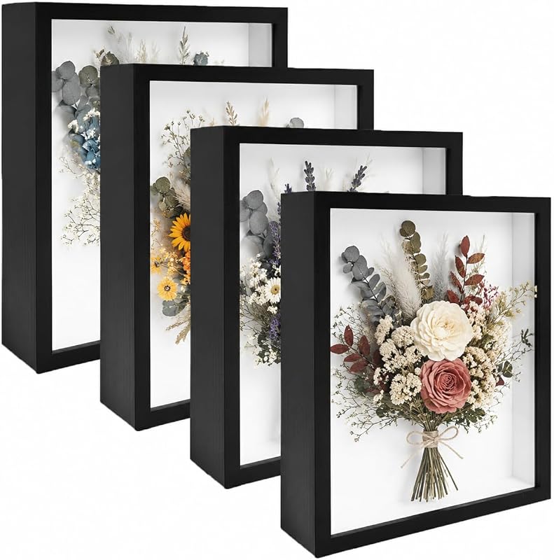 4 Pack 8x10 Black Wood Shadow Box Display Cases for Photos and Crafts