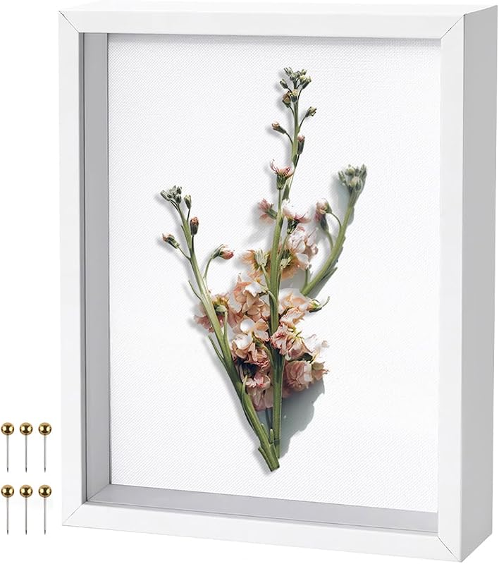 White 8x10 shadow box display frame with linen backboard and included pushpins