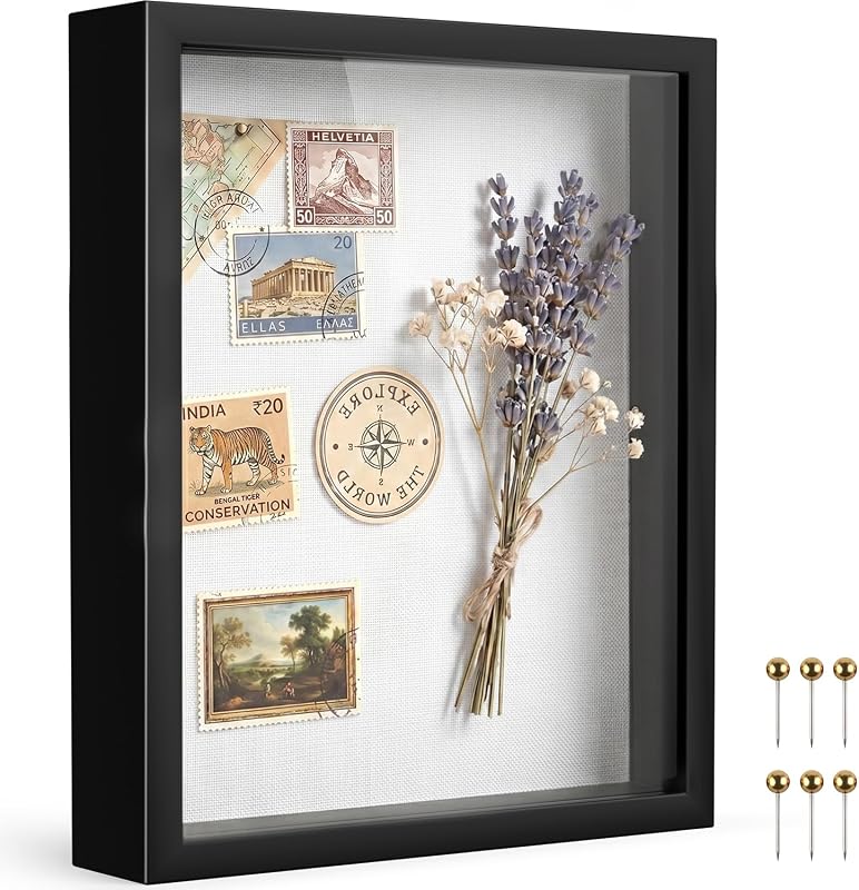 Black 8x10 Shadow Box Display Frame with Premium Linen Backboard and Pushpins