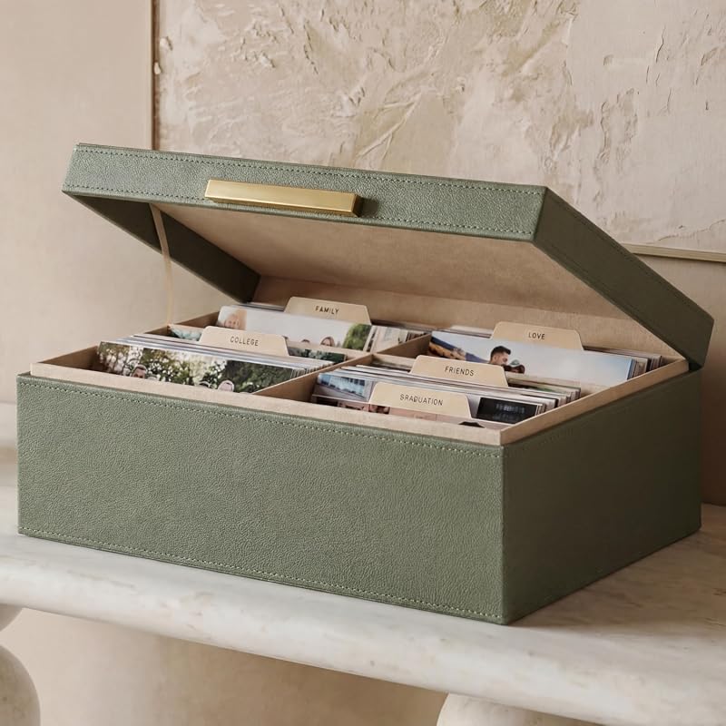ZICOTO Decorative PU Leather Photo Storage Box with Dividers, Holds 1200 4x6 Photos