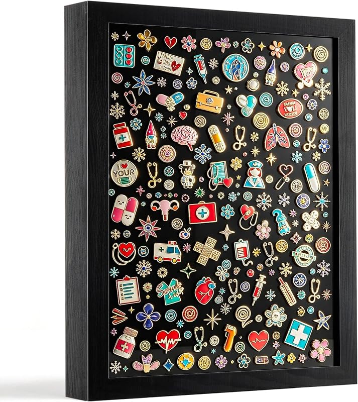 12x16 Black Enamel Pin Display Case with Real Glass Door, Wall or Tabletop Mount
