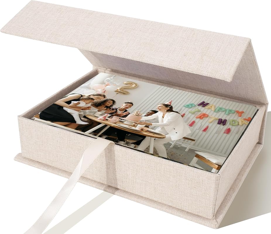 Acid-Free 8x10 Photo Storage Box with Lid, Linen Archival Keepsake Organizer for Pictures and Postcards