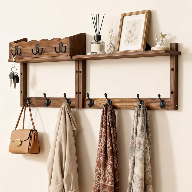 28-inch wall-mounted coat rack with shelf, key holder, and mail organizer