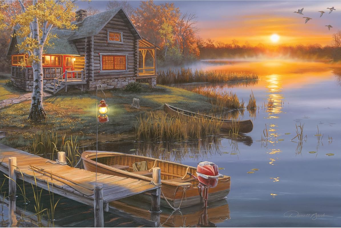Rivers Edge Products Lake Cabin LED Canvas Wall Art with Fiber Optic Lights and Timer
