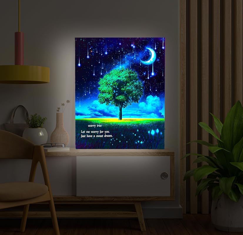 LED Worry Tree Lighted Canvas Wall Art with Timer, Battery-Operated Soft Glow Nature Decor