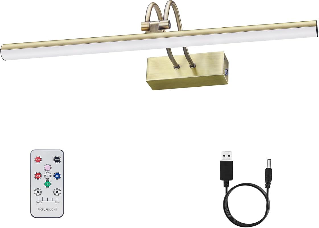 16-Inch Antique Brass Picture Light with 5000mAh Battery, Remote Timer and Dimmer for Artwork