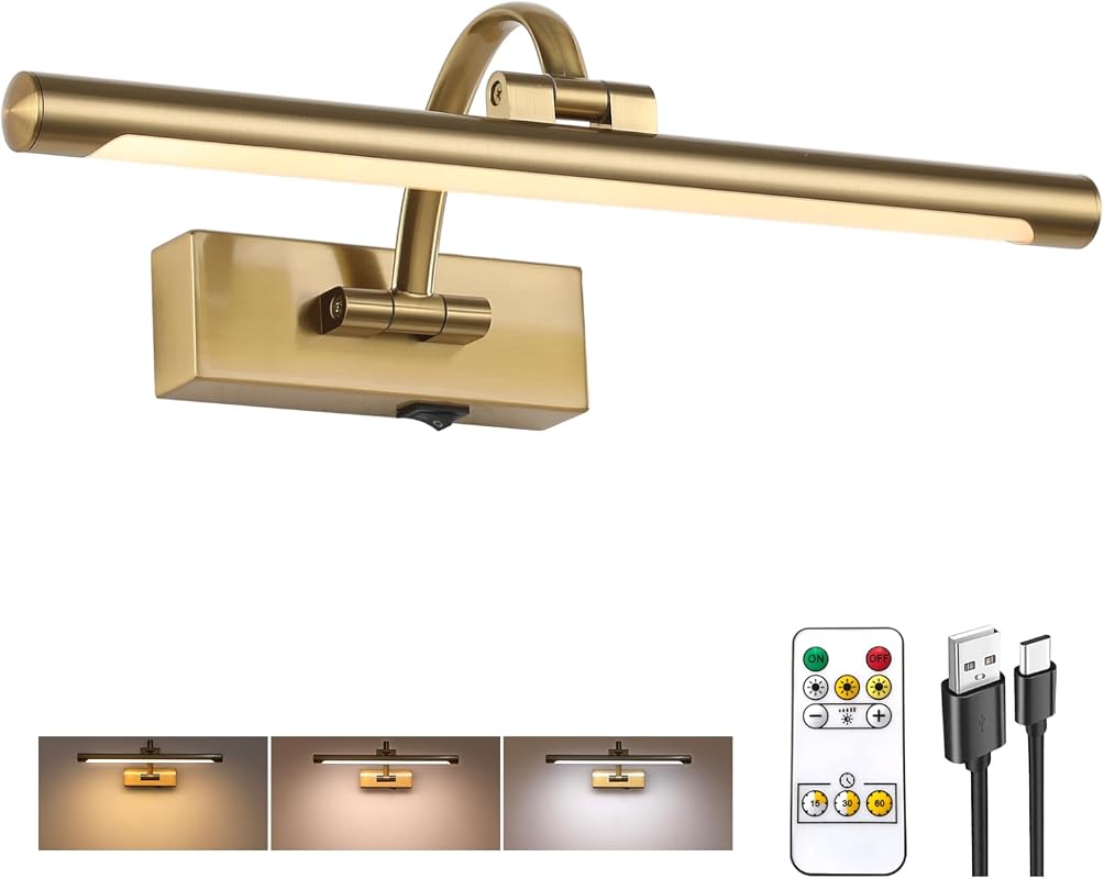 Tassuowell 15.7-Inch Rechargeable Wireless Picture Light, Dimmable 3CCT Rotatable Art Lamp Brass