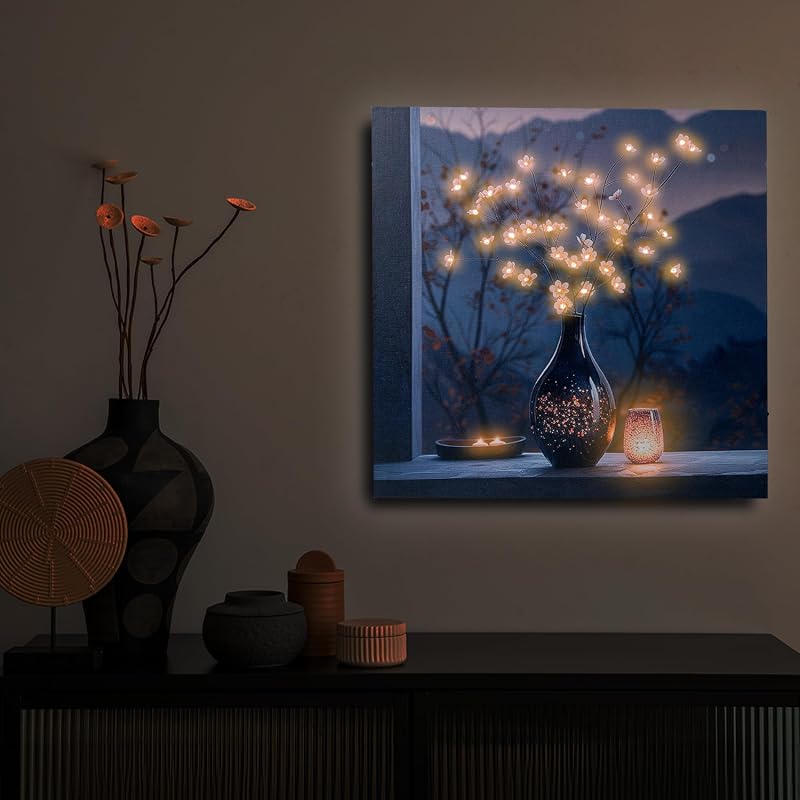 LED Cherry Blossom Vase Canvas Wall Art with Candlelight Glow for Bedroom and Living Room