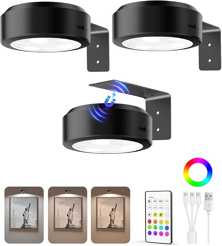EZVALO Rechargeable Magnetic Picture Lights 3-pack RGB with remote