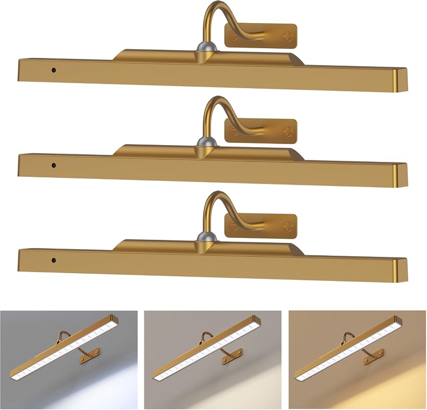 3-Pack Rechargeable Picture Lights with Remote, Dimmable 3-Color Art Lights in Antique Gold