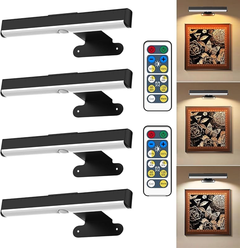 Wireless Picture Lights with Remote, Battery Operated Dimmable LED Art Display, Black 4-Pack