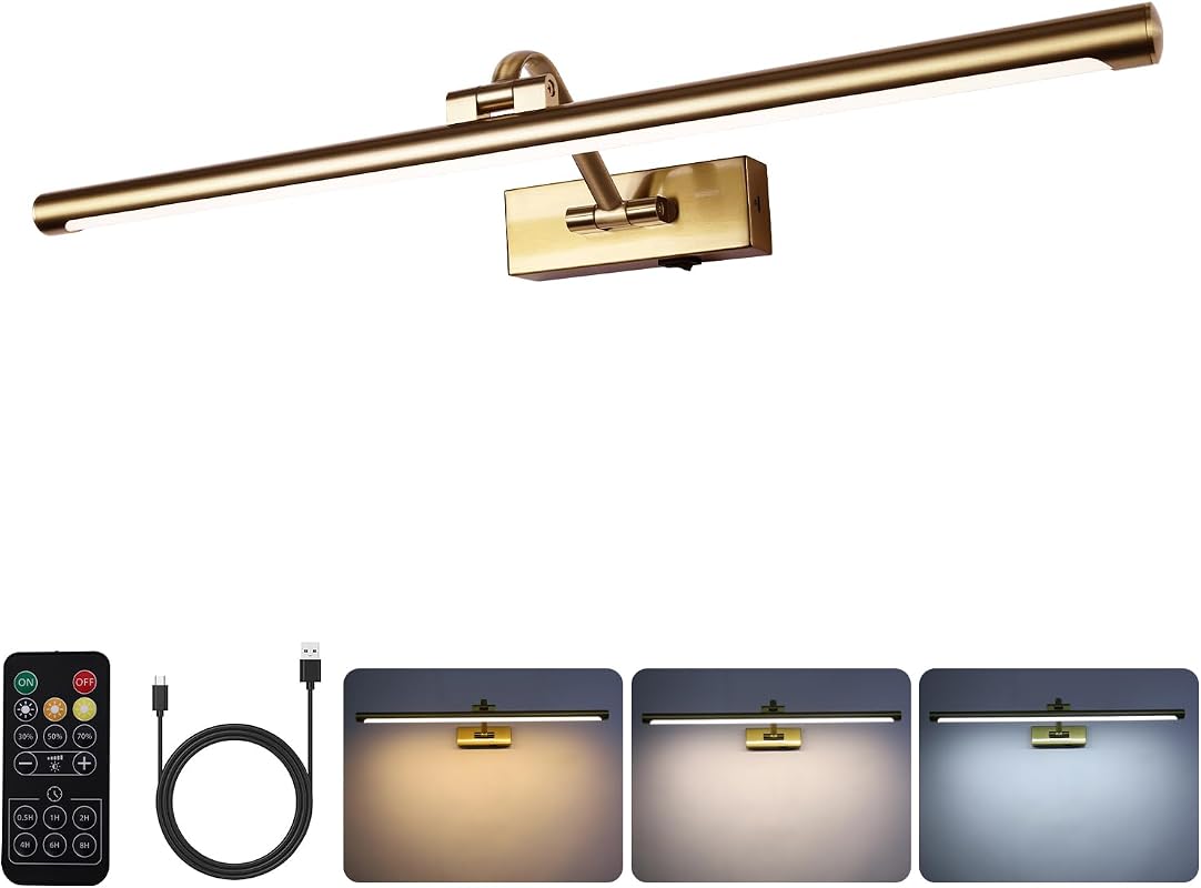 Rechargeable 23.6-Inch Brass LED Picture Light with Remote, Timer, Wireless Battery Operated Gallery Lamp