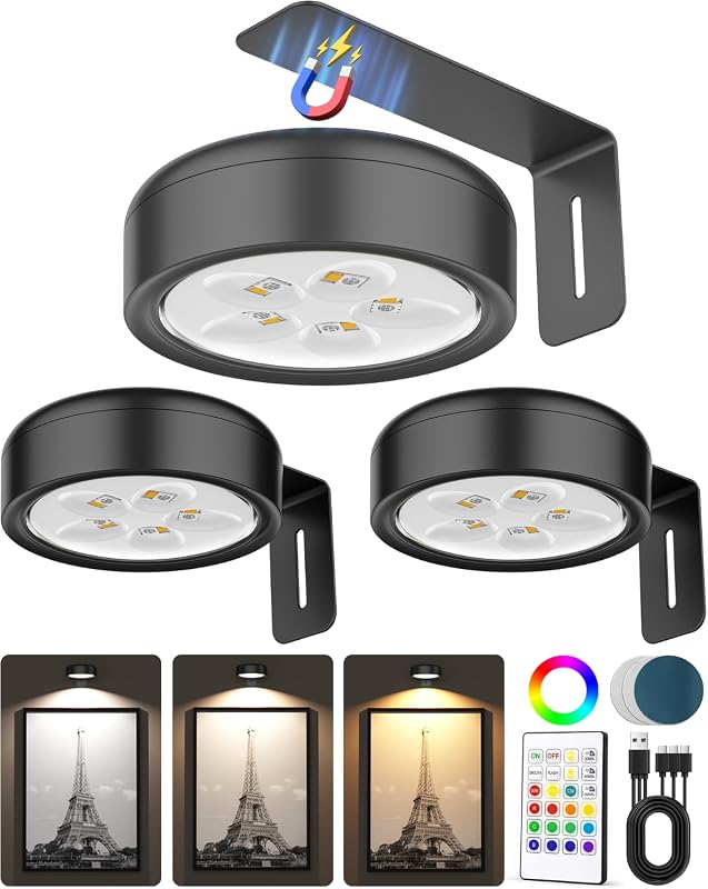 Wireless Magnetic Picture Lights with Remote, Rechargeable RGB LED Art Display, Dimmable 3-Pack