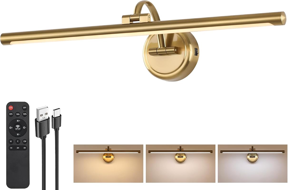 23.6-Inch Battery Operated Picture Light, Dimmable Brass Art Light with Remote, Timer and 3 Colors