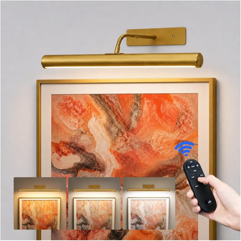 EZVALO 16-Inch Rechargeable Wireless Picture Light with Remote, Dimmable 3-Color Art Wall Lamp Gold