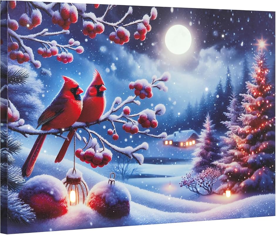 Cardinals LED lighted canvas wall art winter berry branch picture