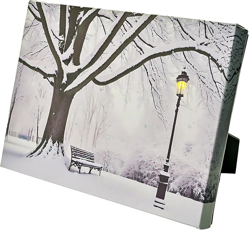Winter landscape LED tabletop canvas art twinkling snowy barn scene