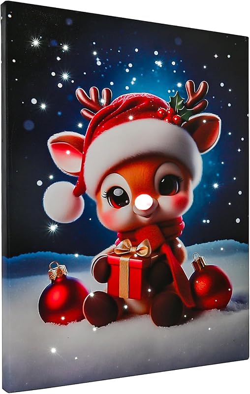 Fiber-optic LED Christmas canvas wall art cute baby reindeer picture