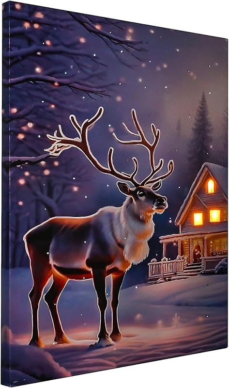 Christmas lighted deer LED canvas wall art with fiber-optic reindeer winter picture