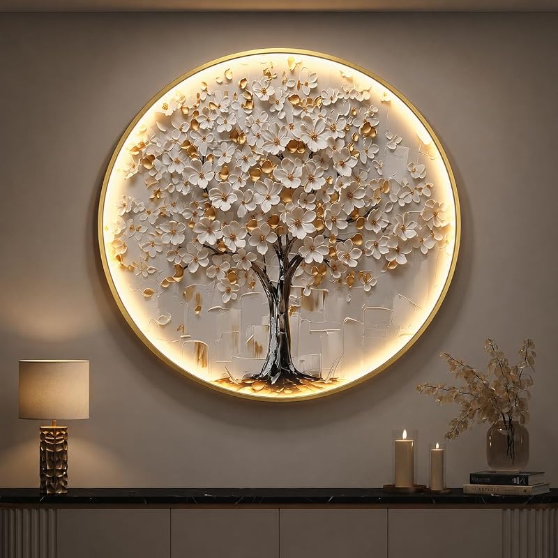 Large Framed LED Tree of Life Wall Art, Gold and White Lighted Floral Decor