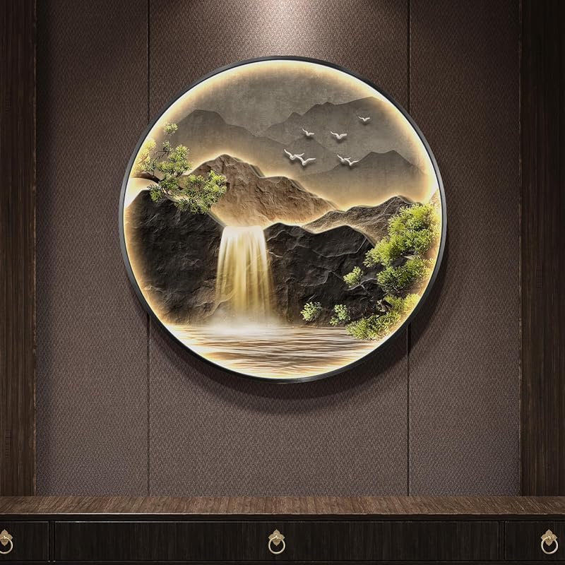 30x30 Large LED Mountain Waterfall Wall Art, Framed Round Backlit Landscape Decor for Living Room