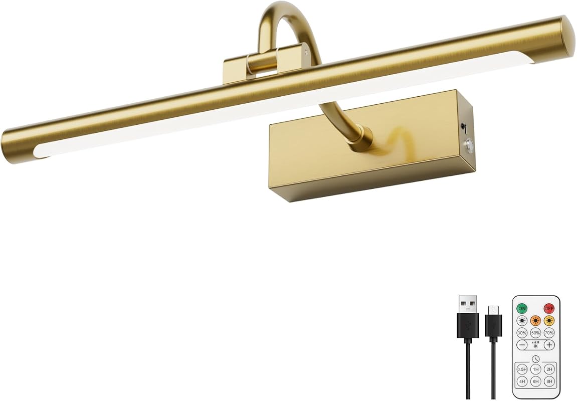 Aipsun 15.7-Inch Brass Picture Light, Rechargeable 10000mAh Battery, 3CCT Dimmable Rotatable Gallery Wall Light