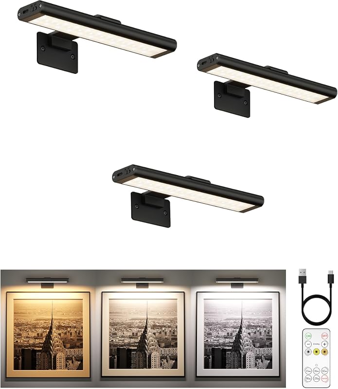EZVALO 7.8-inch rechargeable wireless picture light with IR remote in black 3-pack