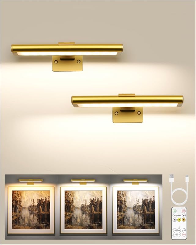 EZVALO 7.87-Inch Rechargeable Gold Picture Lights, Dimmable Magnetic LED with Remote, 2-Pack