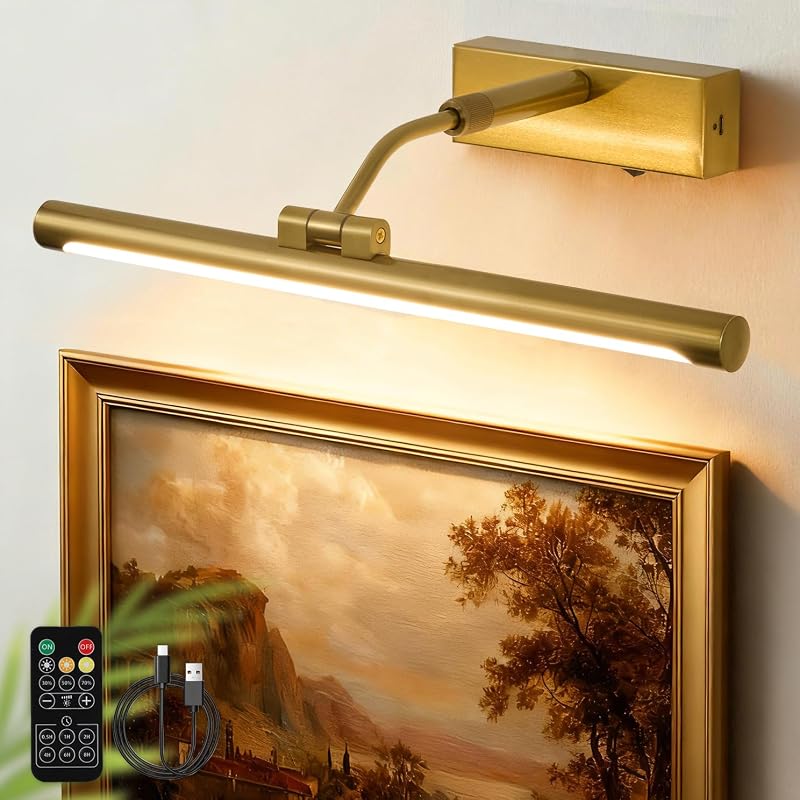 16-Inch Rechargeable Battery Picture Light with Remote, Dimmable 3CCT Glare-Free Art Lamp Gold