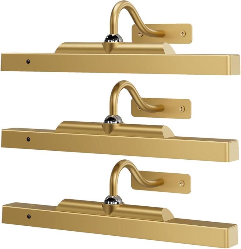 Rechargeable 12-Inch Picture Lights for Wall, 3-Pack Cordless Dimmable LED with Remote, Antique Gold