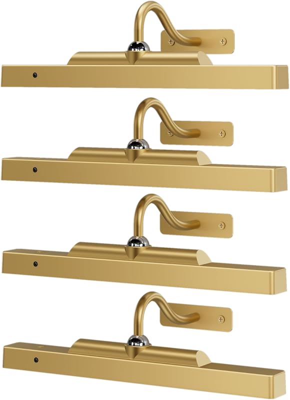 Wireless 12-Inch Art Light Set, 4-Pack Battery Picture Lights with Remote, Timer, Antique Gold