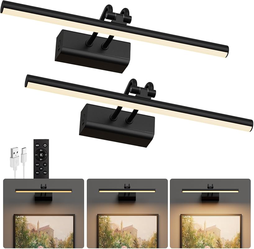 Rechargeable Battery Operated Picture Lights, Set of 2 Dimmable 14-Inch Wall Art Lamps Black