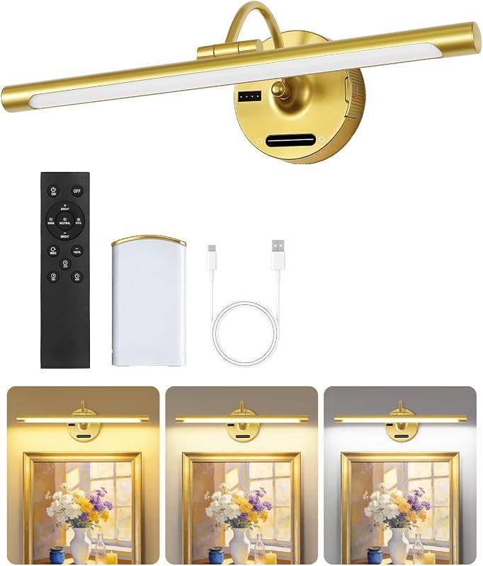 OUTON Rechargeable Gold Picture Light with Remote, Touch Control, 3 Color Temperatures, 8000mAh Battery