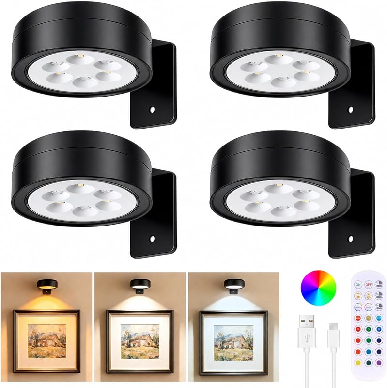 Rechargeable Wireless Picture Lights 4-Pack with RGB, Remote, Timer and Magnetic Wall Mount