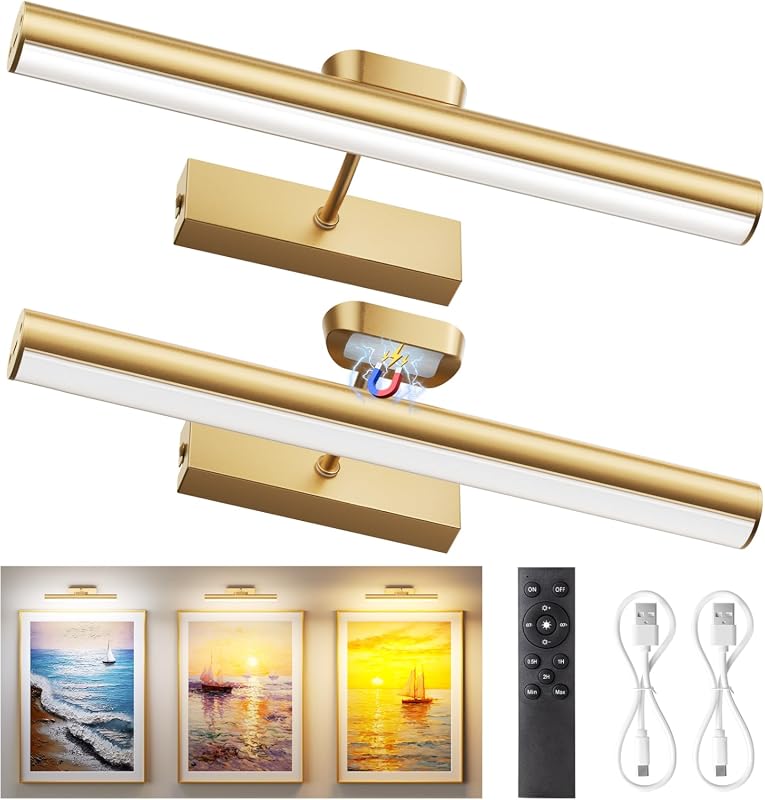 13.8-Inch Rechargeable Picture Lights, Magnetic LED Light Bar with RF Remote, Gold 2-Pack
