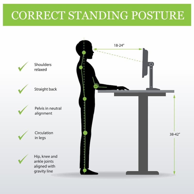 Artist using a standing desk with a large stable work surface and ergonomic setup