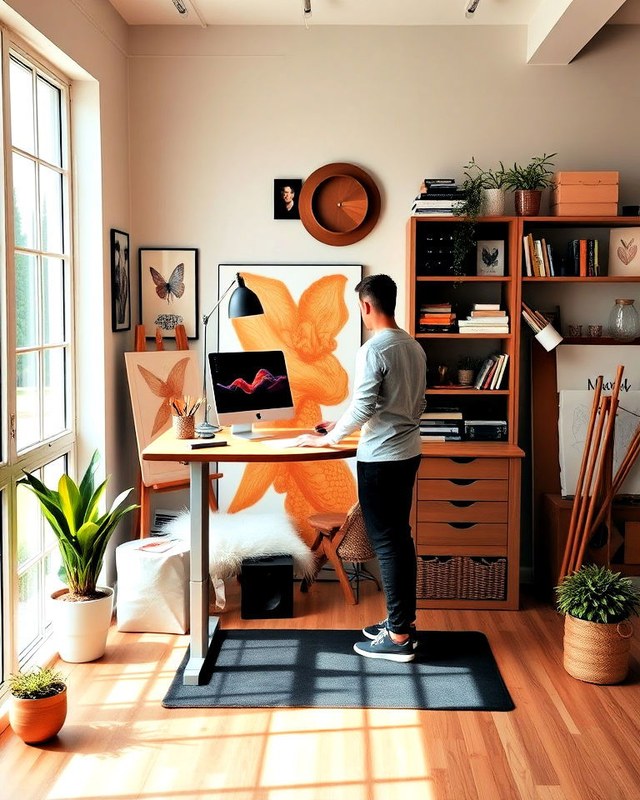 Artist using a standing desk in a bright studio with drawing tools and an easel nearby