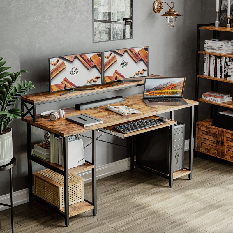 Small storage desk plan showing dimensions, shelving layout, and room clearance for a compact workspace