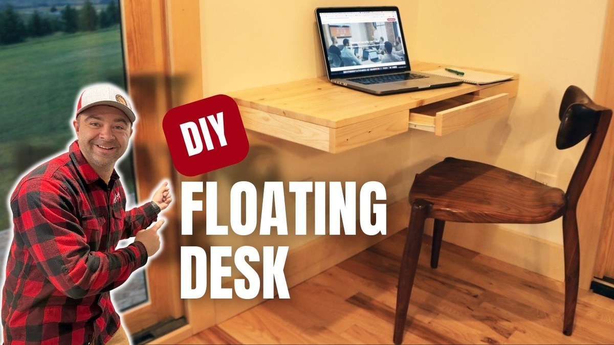 Plywood boards, wall brackets, drawer slides, screws, and tools laid out for a floating desk with storage