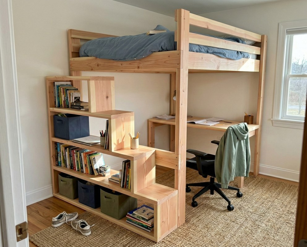 Loft bed with desk and storage in a small bedroom, suited for teens, students, and compact rooms